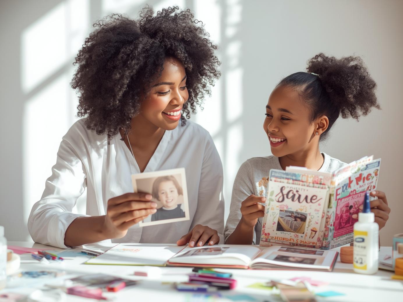 Mom and daughter crafting a scrapbook