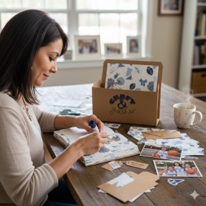 Woman doing a craft sitting at a table